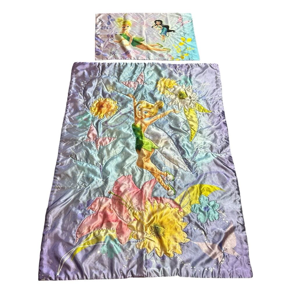 Disney Tinkerbell Fairies Toddler Bed Set Comforter Pillow Case Silky Cool Y2K
